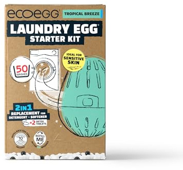 Ecoegg startset, tvättmedel och sköljmedel, utan organisk, utan enzymer, klorblekmedel, fosfater, parabener, SLS/SLES eller palmolja, vegan, tropisk bris 50 tvättar