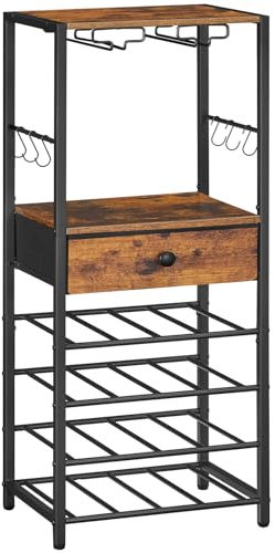 HOOBRO Scaffale Porta Vino, Portabottiglie a 6 Livelli con Porta Calici, Organizzatore da Bar per Bottiglie di Vino, con Cassetti e Ganci, per Cucina, Sala da Pranzo, Vintagebraun EBF10JJ01