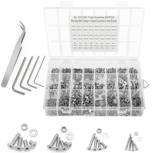 Belle Vous 950 Viti Svasate con Set di Bussole Esagonali - Kit Viti Testa Piatta Acciaio Inox M2, M3, M4 e Viti M5 con Custodia - Set di Bulloni e Dadi Per Fai-Da-Te e Riparazioni di Macchinari