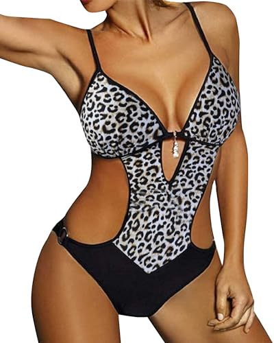 JFAN Baddräkter i ett stycke dam trikini baddräkt strand pool sexig baddräkt i ett stycke dam push-up vadderad baddräkt, Leopardtryck, M
