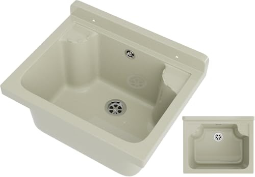 Set Lavandino + Sifone - Lavatoio da Esterno 42x 34x24 cm - Lavandino esterno per lavanderia, garage, giardino - Lavabo Resistente agli acidi e alle sostanze chimiche - Beige - Granitan
