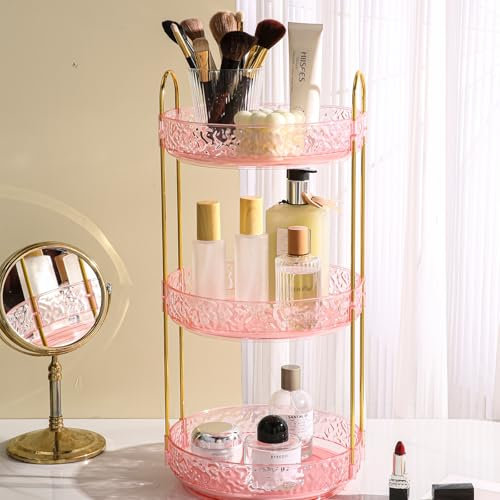 Fangoo 360° Drehbar Make Up Schminktisch Organizer 3 Tier Badezimmer ParfüM Organizer Kosmetik Lazy Susan Nagellack Aufbewahrung Schmink Organizers für Dresser Schminktisch Skincare Organizer, Rosa