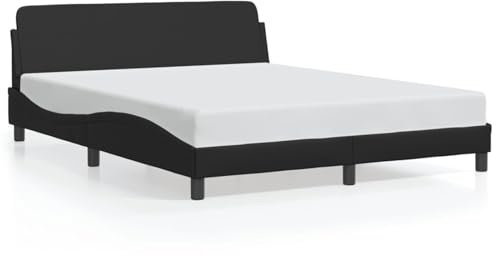 IKAYAA Letto Matrimoniale 160x200 Struttura Letto Imbottita con testiera Telaio con Rete a Doghe in Legno e Similpelle-Nero-160 x 200 cm