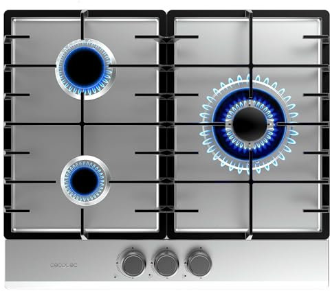 Cecotec Placa de Gas Butano y Natural 3 Fuegos Bolero Squad G 3200F Inox. 6250W, Acero Inox, Parrillas Completas Hierro Fundido, Quemador WOK Triple Corona, Encendido Eléctrico, Sistema Seguridad