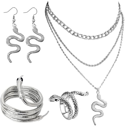 Aynkh Medusa Serpent Jewelry Set - Collier Multicouche, Chaîne d'Os, Boucles d'Oreilles et Bague Réglable - Accessoires Halloween pour Femmes (4 pièces)