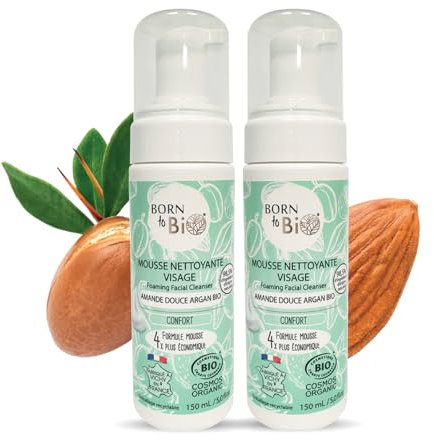 BORN TO BIO Mousse Nettoyante Visage Bio pour Peaux Mixtes - Lot de 2 x 150ml : Confort - Amande Douce Argan - Nettoyage Doux et Efficace - Comfort - Texture Ultra Légère - Certifiée Bio