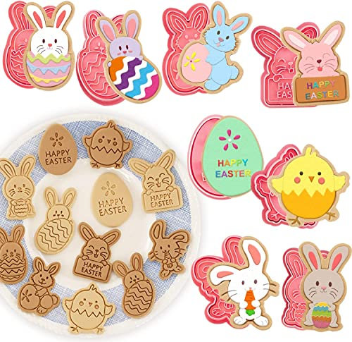 8 Pcs Easter Cookie Cutter Set, 3D Plastic Easter Eggs Bunny Stamp for Cookie Dough, Pastry, Donut, Fondant, Sugarcraft, DIY, Cake Decoration Chocolate Mould Cookie