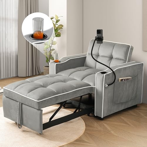 Wyibwy 3 in 1 Divano letto singolo estensibile，Con portabicchieri e portacellulare, divano reclinabile, poltrona letto, poltrona,Schiuma,per piccoli spazi,83x167x76cm,Grigio