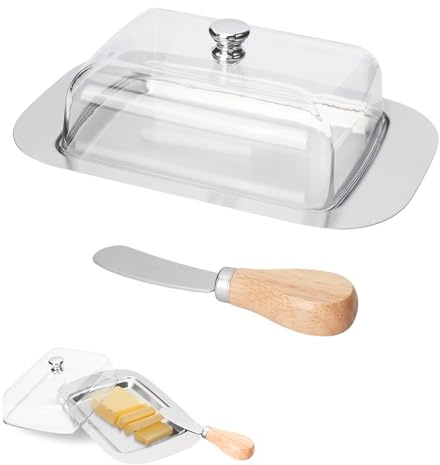 HMIEPRS Porta Burro con Coperchio, Portaburro in Acciaio Inossidabile con Coltello, Vassoio Porta Formaggio da Frigorifero per Burro, Contenitore Portaburro per Cucina Ristorante Torte Dessert Frutti