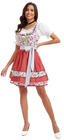 Velcoxplay Dirndl - Robe midi pour femme - Robe Dirndl avec dentelle - Mode traditionnelle avec chemisier Dirndl - Tablier 3 pièces pour l'Oktoberfest - Carnaval, rouge, XL