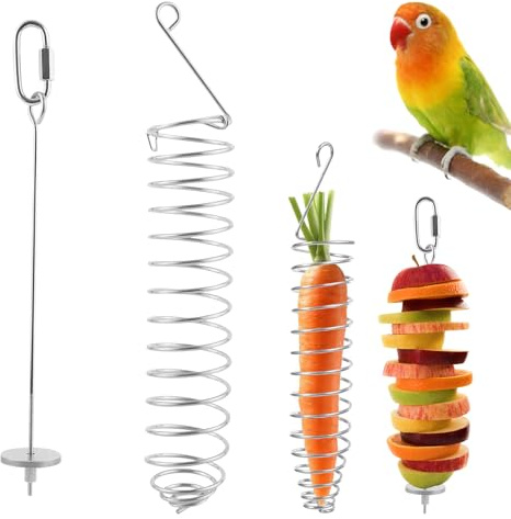 Pack of 2 Stainless Steel Spiral Bird & Rodent Food Holders, Hanging Fruit Vegetable Slow Feeder, Foraging Enrichment Toy Cage Accessories for Parakeets, Lovebirds, Rats, Mice & Small Pets
