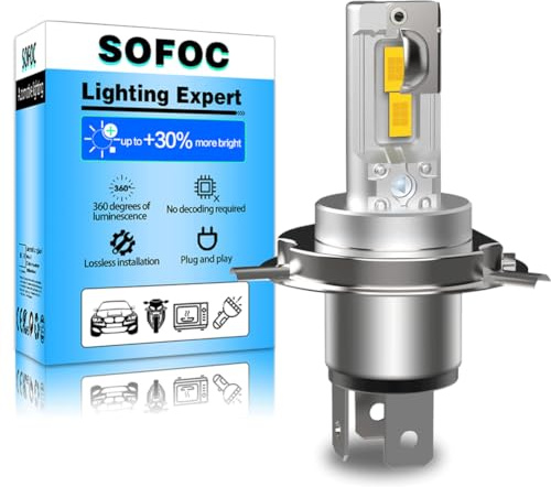 SOFOC H4 Bombilla 9003/HB2 Led 500% Más Brillante Que Las Halógenas Faros Antiniebla Para Motocicletas/Automóviles Amarillo DC 12V-18V 60W 4000 Lm P43T Diseño De Haz Alto Y Bajo 1Pcs