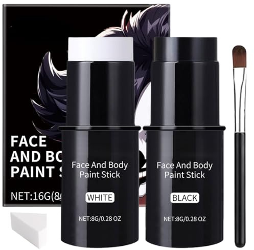 Black White Face Paint Stick - Halloween Face Painting Kit - Non Toxic SFX Makeup for Clown Joker Skeleton Halloween Cosplay - Oil Based Full Coverage Body Paint Foundation, Long-Lasting & Easy Blend