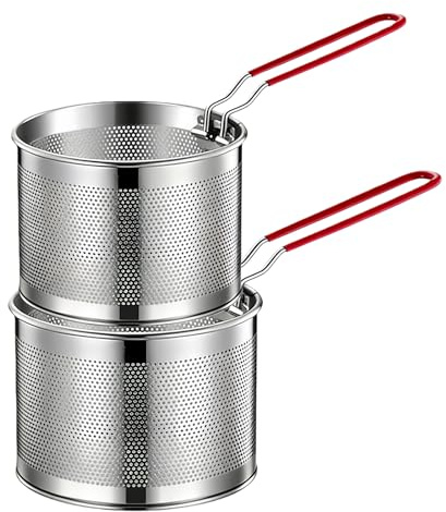 GOEDCH 2 cesti per friggitrici con manico anti-scottatura: in acciaio inox con manico lungo, in acciaio inox, per il lavaggio, sgocciolare, friggere, cuocere a vapore (16 cm + 18 cm)