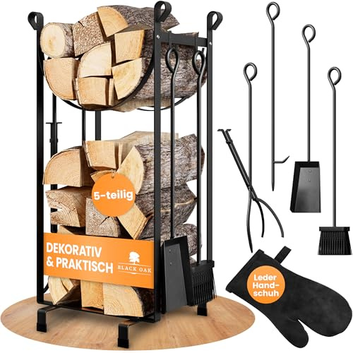 BLACK OAK Jacinto Support pour bois de cheminée avec gant en cuir – Étagère à bois de cheminée noire en acier 78 x 30 x 36 cm 5 pièces 2 niveaux Serviteur de cheminée 4 pièces balayette, pelle