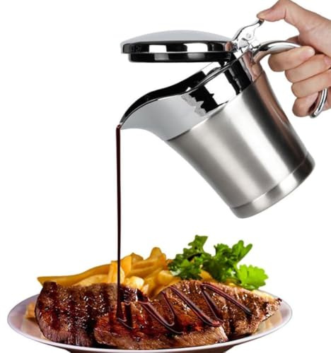 Salsiera con coperchio, 450 ml, in acciaio inox, isolata, brocca per salsa con pennello, color argento, portatile, a doppia parete, brocca per salsa per cene in famiglia, Natale, feste di compleanno