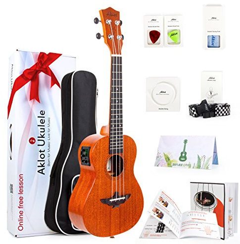 Aklot Tenor Eléctrico Ukelele Caoba Maciza de 26 Pulgadas Ukulele con Curso Gratuito Online,Sintonizador incorporado, kits de inicio (bolsa, cuerdas adicionales, correa, libro resistente, púas)