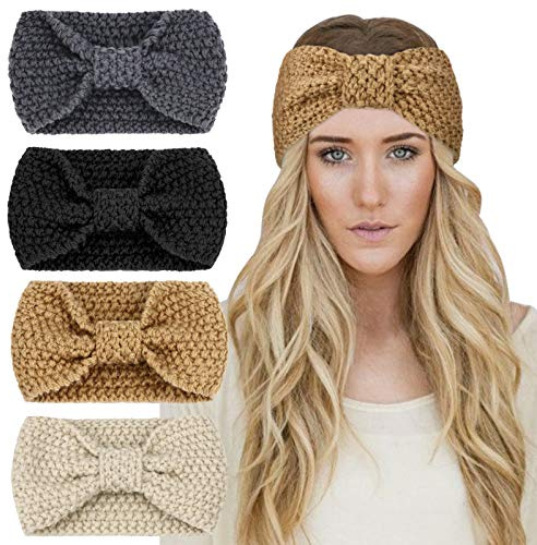 DRESHOW 4 Paket Virkade Öronvärmare Pannband Mjukstickad Turban Stretch Pannband Värmare för Kvinnor Vinter
