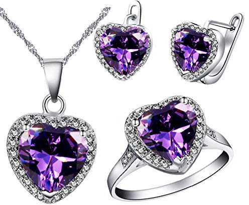 Uloveido kvinnor flickor hjärta smycken set bröllopsdag födelsedag halsband örhängen ring smycken set med rosa röd lila kristall T481, R1/2(59.5mm), Kristall, Kubisk zirkonia