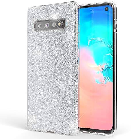NALIA Glitzerhülle für Samsung Galaxy S10 - Funkelnder Glitzer-Look & Grip - SHINEPOP (Silikon Case) - Marke aus Berlin, Farbe:Mondsilber