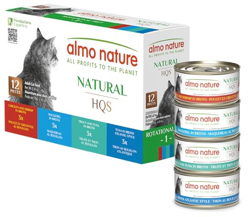 Almo Nature: HQS Natural Cat Pack 2 - (12) 2.47oz Can, Adult Cat Wet Canned Food - 3 Each: Atlantic Tuna, Mackerel, Trout & Tuna, Chicken & Shrimp