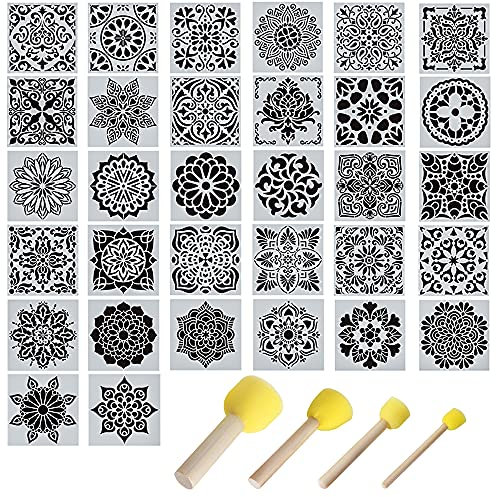 Gativs Mandala Schablonen Set 32 Stück - Vintage Ornamente, Fliesen, Airbrush Schablonen - Wiederverwendbar Mit Schwammpinsel