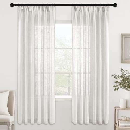 MIULEE Gardiner med rynkband, öglehalsduk, voilegardin, modern linnelook, halvtransparent för vardagsrum, sovrum, skjutgardiner, set om 2, linnevit, 160x140 cm