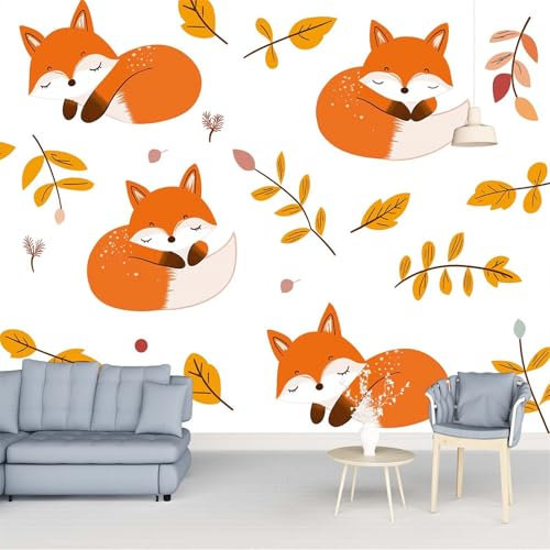 Papel pintado mural Animales dormidos sobre hojas papel pintado no tejido Amarillo Adecuado para habitación infantil, salón y dormitorio 250 x 175 cm papel pintado mural