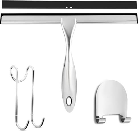 SURFOU Tergivetro per Doccia 25cm con 2 Ganci, Acciaio Inox, Pulisci Vetri, Senza Aloni d’Acqua, Autoadesivo, Installazione Facile Senza Foratura, Ideale per Bagno e Cucina, Accessori Bagno