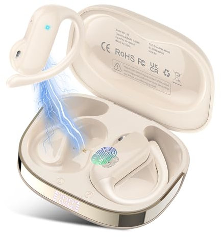 DUSONLAP Open Ear Ecouteurs sans Fil, Écouteur Bluetooth 5.4 HiFi Stéréo, Ecouteurs sans Fil Sport avec ENC Mic, Écran LED Ecouteurs Contrôle Tactile, Oreillette Bluetooth IP7 Étanche, Blanc