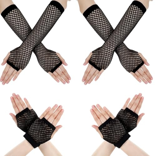 4 Paar Arm Strumpf Netz Armstulpen Netz Schwarze Netzhandschuhe Fishnet Fischnetz Handschuhe Lange Damen Opernhandschuhe für 80er Jahre Verkleidung Kostüm Party Lieferungen Cosplay Kostümzubehör