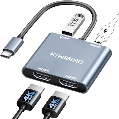 KiWiBiRD Hub HDMI Multi-écran PC, Adaptateur USB-C vers HDMI pour Moniteurs 4K PD 100W 2160p 1080p HDCP, Compatible avec Ordinateur Portable TV Projecteur