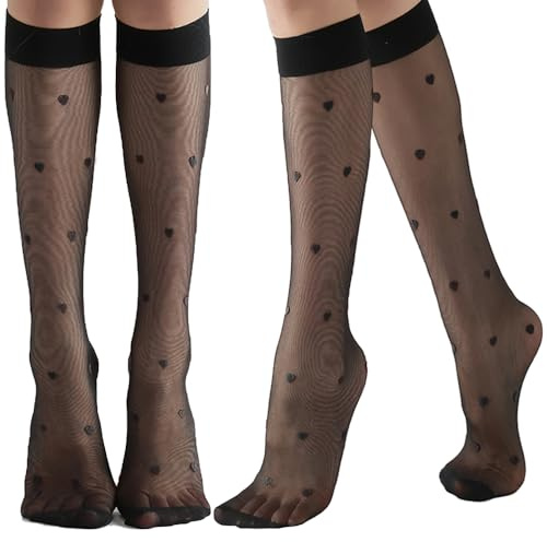 ZIHUA 4 Pairs Heart Pattern Nylon Pop Socks Women Knee High 20 Denier Sheer Knee High Pop Stockings Black