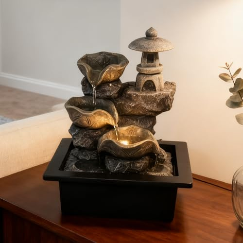 BIASUNS Indoor Tabletop Waterfall Fountain with Rock Pagoda & Lotus Leaf, Design for Home Office Desk Decor, Soothing Zen Water Feature with Warm Light for Relaxation & Meditation