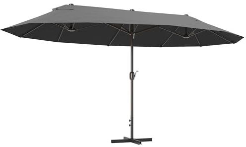 Outsunny Ombrellone da Giardino Doppio a 12 Stecche con Base a Croce e Apertura a Manovella, Ombrellone per Esterni in Acciaio e Poliestere, 455x265x238 cm, Grigio