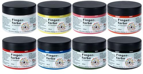 Ideen mit Herz Set di colori per dita, 8 colori x 150 ml, base d'acqua, bianco, giallo, arancione, rosso, rosa, blu, verde, nero, lavabile, sicuro e non tossico