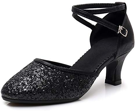 SWDZM Zapatos Baile Latino Mujer Cerrados Lentejuelas Salsa Profesionales Ballroom Pratice,Negro,EU 40