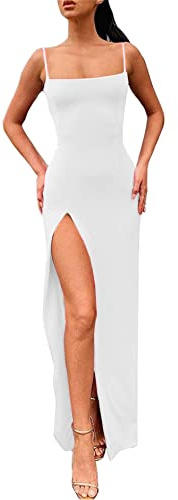 PRIMODA Robe Longue Moulante avec Bretelles Spaghetti et Dos Nu pour Femme, Blanc, Taille M