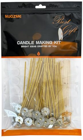 Nuozme 50 mechas de cáñamo orgánico de 6 Pulgadas, preenceradas con Cera de Abeja 100% y pestañas con 60 calcomanías de Mecha de Vela y 5 Dispositivos de centrado de Mecha de Vela de Madera, para