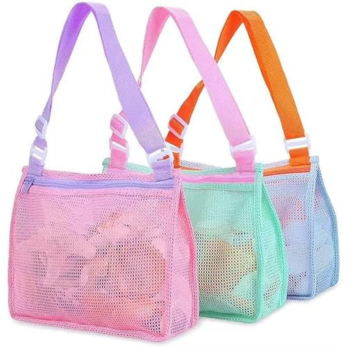 MASINIS Mesh Beach Bag, Zipper Shell Net Tote, Foldable Seashell Collecting Sand Bags for Holding Sand Beach Swimming Accessories Toy Clothes Towels
