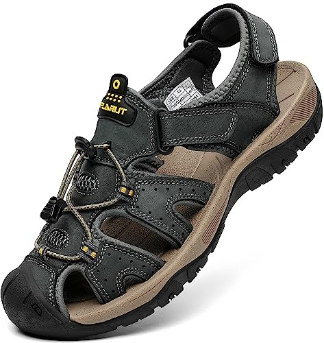 FLARUT Men's Sport Sandals Outdoor Hiking Sandals Closed Toe Leather Athletic Lightweight Trail Walking Fishing Sandals Water Shoes (E-Gray,41), 8.5