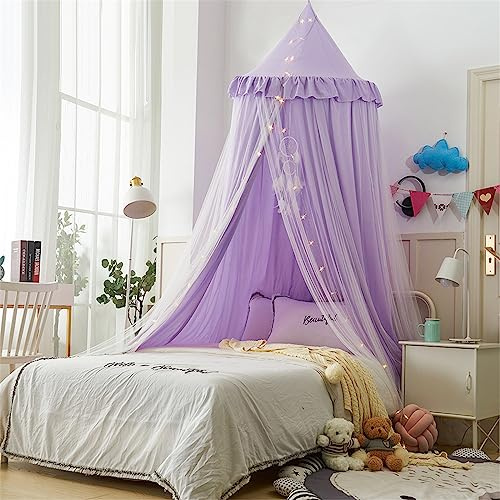 Surwin Bed Canopy for Kids Single Double, Round Bed Mosquito Net Protection Play Tent Bedroom Nursery Decoration Hanging Curtain Net - Five Colour (Purple)