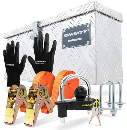 HASKYY Transportlåda verktygslåda Aluminiumlåda låsbar durkplåtslåda 485 x 140 x 200 mm, 2x spännremmar med spärrhake 5 m x 27 mm 400-800 daN, släpvagnslås stöldskydd och svarta handskar verktygslåda