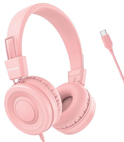 Cowyawn Auriculares USB Tipo C para niños, Auriculares con Cable para niños, Volumen Limitado de 94 dB, Sonido estéreo HD, Plegables, Ligeros, con Cable para niños, Adolescentes, niños, Rosa