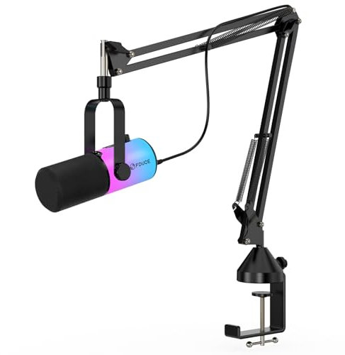 FDUCE Dynamic USB/XLR Gaming Microphone for Podcast Recording, PC Computer Gaming Streaming Vocal Microphone with RGB Light, Mute Button, Gain Control, Headphone Jack, with Boom Arm (D20+)