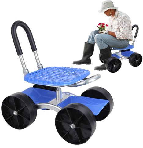 yoakaiax Gartenwagen Rollarbeitssitz mit Rollen, Rollbarer Gartenarbeitssitz mit Rollen, Höhenverstellbarer Gartenhocker zum Bepflanzen, 360-Grad-Drehsitz, Lenkgriff & Werkzeugablage, Blau