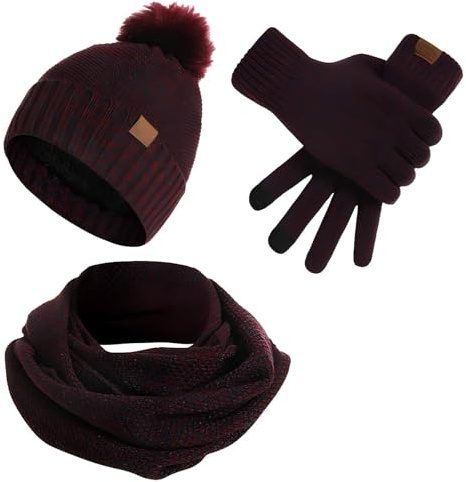 Enwokran Womens Winter Beanie Scarf Gloves Set 3 Pieces, Pom Pom Hat with Warm Fleece Lined Long Knit Scarf Touchscreen Gloves 3 in 1 Set (Burgundy)