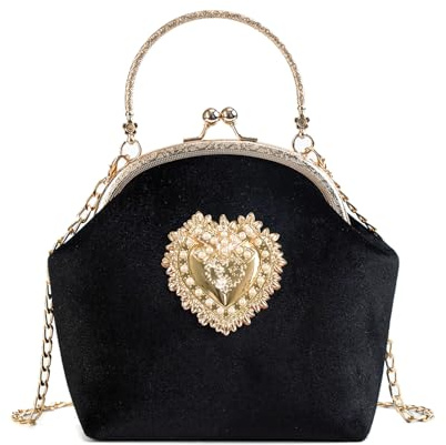 CRFASIBE Bolso de Noche Mujer en Terciopelo, Bolsito Elegante con Cierre de Beso y Cadena Desmontable, Detalle en Forma de Corazón, Ideal para Boda, Fiesta o Ceremonia(Negro)