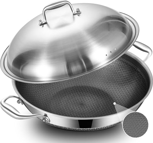 LOLYKITCH 14.5 Inch Hybrid Ceramic Nonstick Stainless Steel Wok Pan with Steel Lid - Large Tri-Ply Flat Bottom Stir Fry Pan for Induction - PFOA Free, Dishwasher & Oven Safe