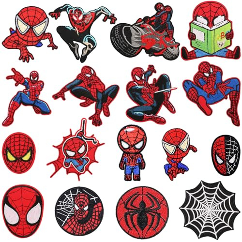 Toppe Termoadesivi, Toppe Termoadesive Bambini, Toppe per Vestiti, 17 Pezzi Toppa Termoadesiva per Tessuti di Spiderman, Patch Toppa Adesiva per Tessuti Bambini per Giacca, Magliette, Pantaloni